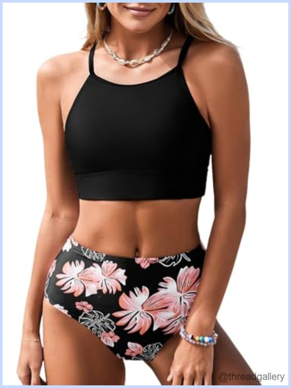 High Neck Tropical Leaf Print High Waisted Bikini Set Two Pieces Swimsuits
